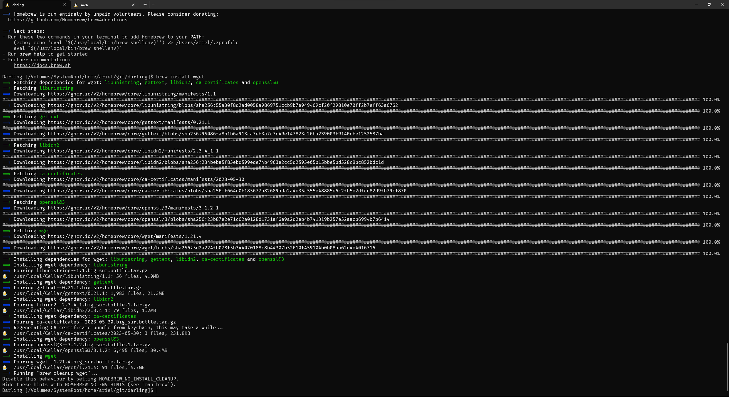 A screenshot of Homebrew installing wget.