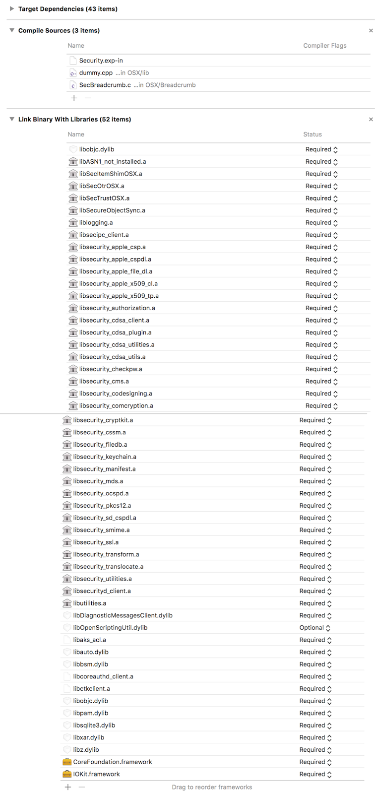 A screenshot of all the libraries that Security links to in Xcode. Some are static libraries that make up the source code of Security, some are shared libraries, and others are frameworks.