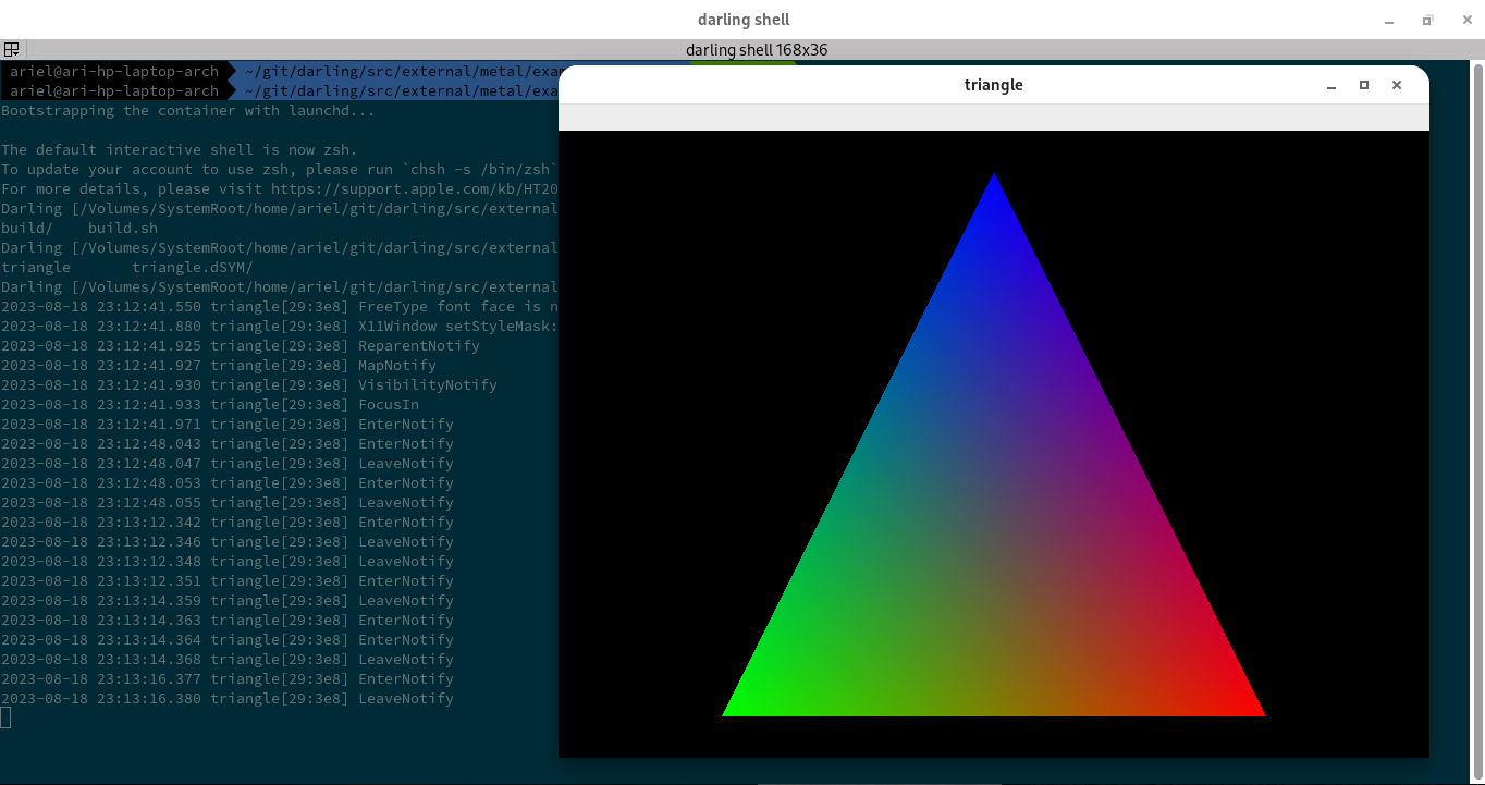 A screenshot of Apple&#39;s &quot;Using a Render Pipeline to Render Primitives&quot; sample running under Darling.