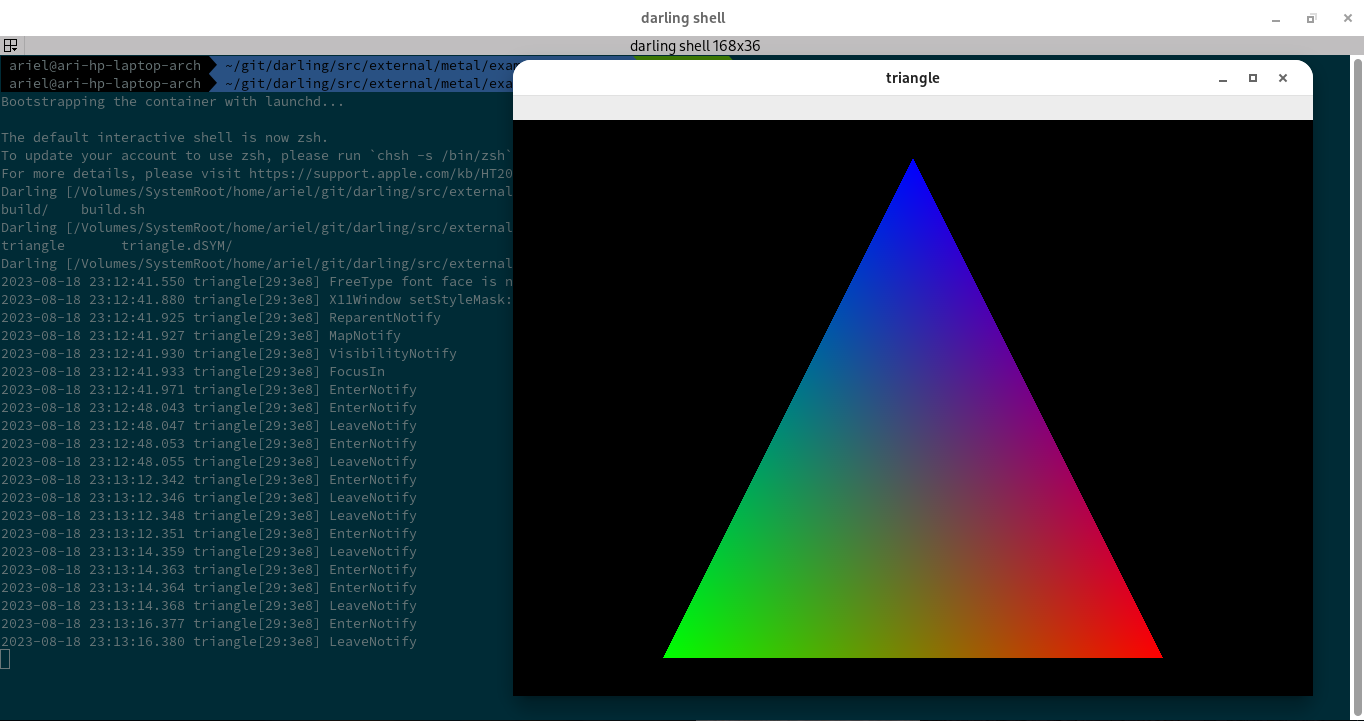 A screenshot of Apple's "Using a Render Pipeline to Render Primitives" sample running under Darling.